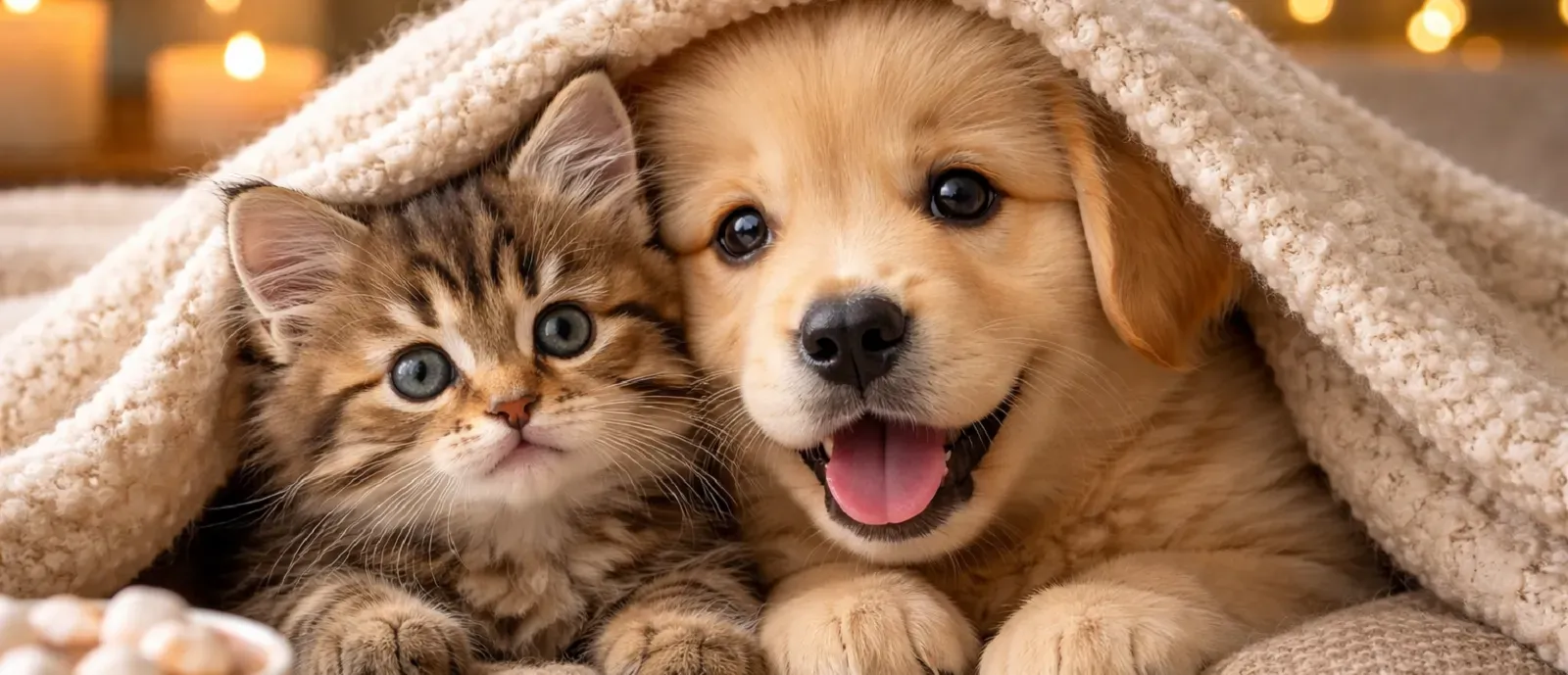 un chiot et un chaton sous une couverture